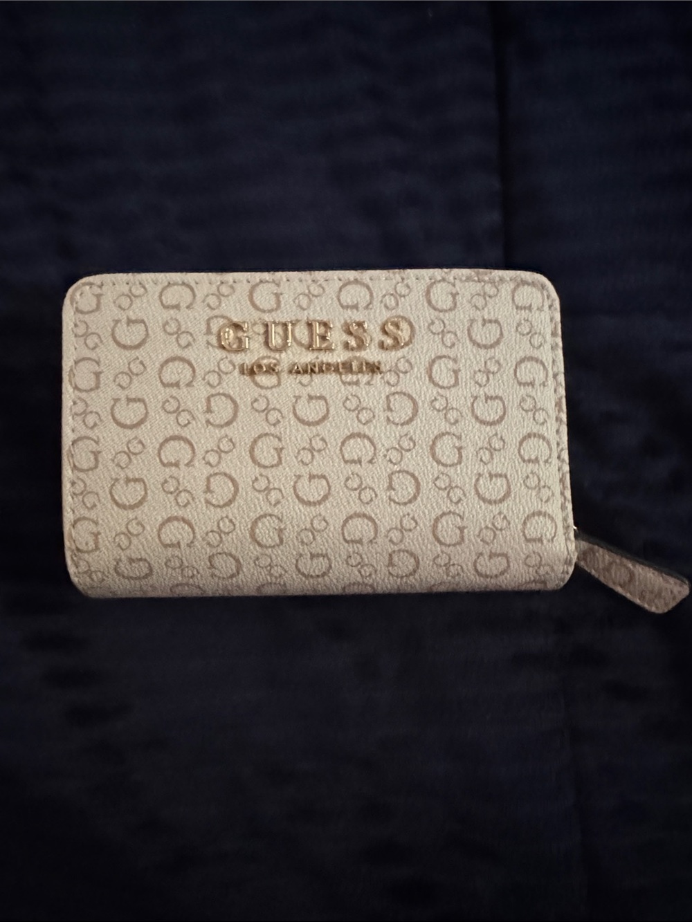 Guess Beige Signature Monogram Zip Wallet with Gold Hardware